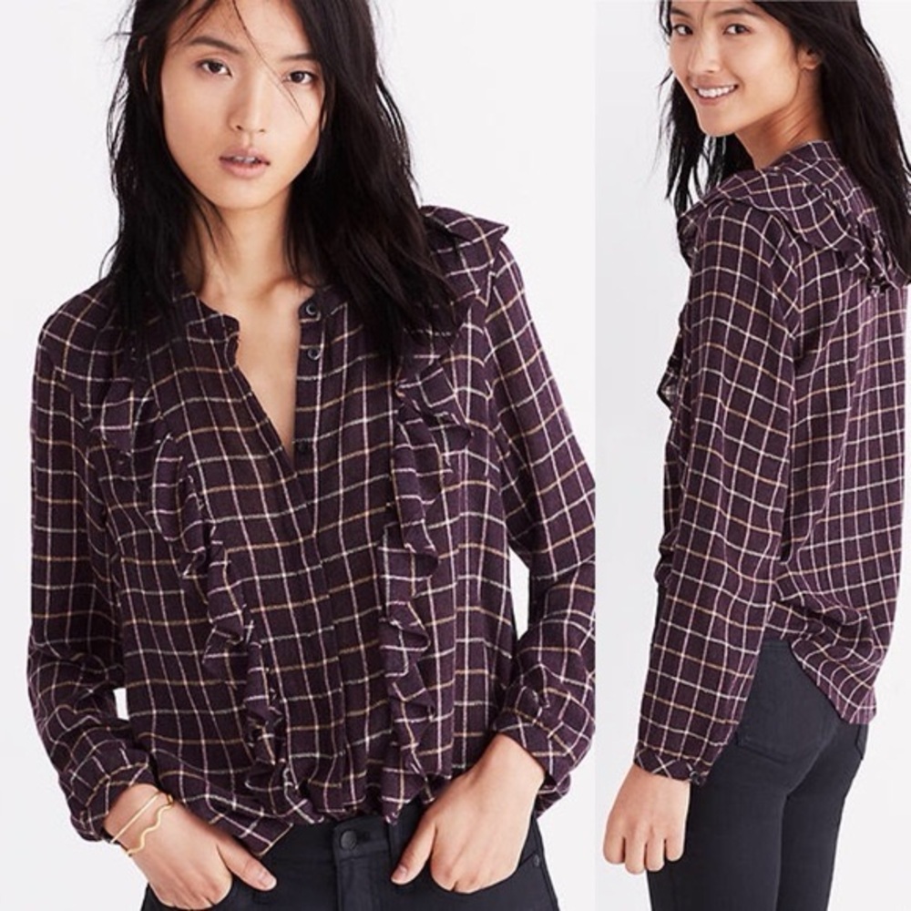 Madewell | wool blend plaid dainty ruffle detail top